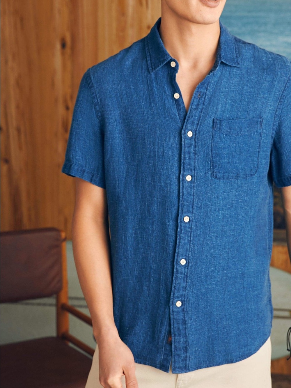 Faherty Palma Indigo Blue Short-Sleeve Basketweave Linen Shirt